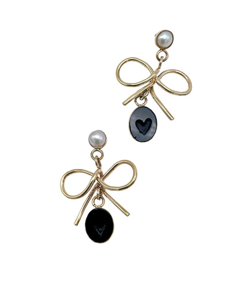 Ellen Hinrichs Onyx and Pearl Bow Earrings